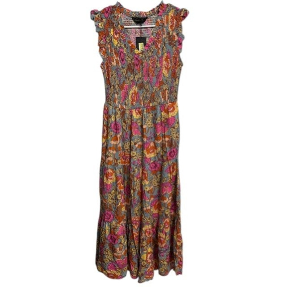 NWT Seta T Floral Maxi Dress‎ Sleeveless Smocked Ruffle Trim Tiered Sundress SM